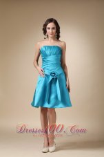 Turquoise A-line Strapless Knee-length Satin Hand Made Flower Prom / Homecoming Dress  Cocktail Dress