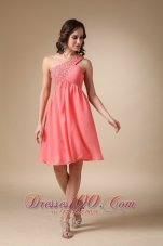 Watermelon Red A-line One Shoulder Knee-length Chiffon Beading Prom / Homecoming Dress  Cocktail Dress