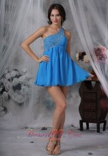 Council Bluffs Iowa Beaded Decorate One Shoulder Mini-length Chiffon Blue For 2013 Prom / Cocktail Dress  Cocktail Dress