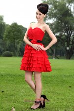 Red A-line Sweetheart Prom / Homecoming Dress Hand Made Flower Mini-length Chiffon  Cocktail Dress
