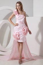 Baby Pink One Shoulder Detachable Hi-Lo Prom Dress Hand Made Flowers  Cocktail Dress
