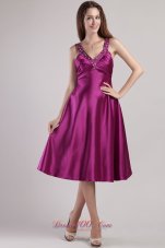 Fuchsia Empire V-neck Ankle-length Elastic Woven Satin Beading Prom / Pageant Dress  Cocktail Dress