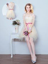 Exquisite Lavender A-line Tulle One Shoulder Sleeveless Lace and Appliques and Belt Mini Length Lace Up Bridesmaids Dress