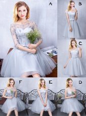 Deluxe Scoop Knee Length A-line Sleeveless Grey Wedding Party Dress Lace Up