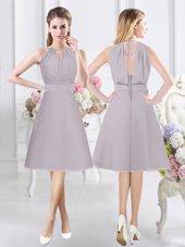 Cute Halter Top Knee Length Zipper Wedding Party Dress Grey and In for Prom and Party and Wedding Party with Lace and Ruching