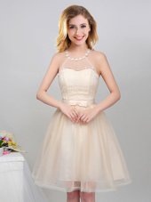 Champagne Tulle Lace Up Halter Top Sleeveless Mini Length Wedding Party Dress Lace and Appliques and Belt