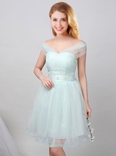 Edgy Off the Shoulder Apple Green A-line Lace and Appliques and Belt Bridesmaid Dresses Lace Up Tulle Short Sleeves Mini Length
