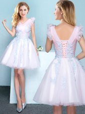 White Dama Dress Prom and Party and Wedding Party and For with Appliques V-neck Sleeveless Lace Up
