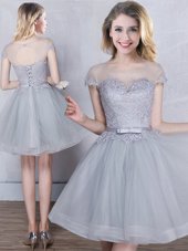 Grey Scoop Neckline Appliques and Belt Wedding Guest Dresses Short Sleeves Lace Up