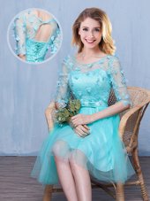 Aqua Blue Lace Up Scoop Lace and Appliques and Bowknot Dama Dress for Quinceanera Tulle Half Sleeves