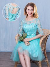 Aqua Blue Lace Up Scoop Lace and Appliques and Bowknot Dama Dress for Quinceanera Tulle Half Sleeves