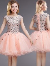 Bateau Cap Sleeves Bridesmaid Dress Mini Length Beading and Sequins Pink Organza