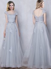Scoop Cap Sleeves Floor Length Lace and Appliques and Belt Lace Up Vestidos de Damas with Grey