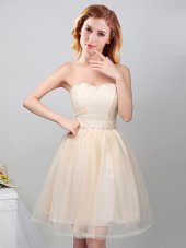 Customized Champagne A-line Tulle Sweetheart Sleeveless Lace and Appliques Mini Length Lace Up Bridesmaids Dress