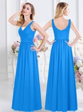 Baby Blue Chiffon Zipper V-neck Sleeveless Floor Length Bridesmaid Gown Ruching