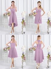 Fuchsia V-neck Neckline Ruching Vestidos de Damas Sleeveless Zipper