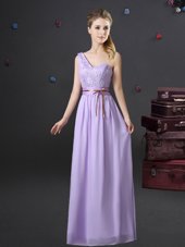 One Shoulder Lavender Lace Up Wedding Party Dress Lace and Appliques and Belt Sleeveless Floor Length