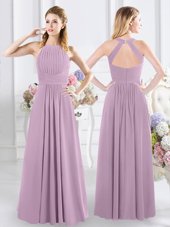 Beauteous Halter Top Sleeveless Floor Length Ruching Zipper Wedding Party Dress with Lavender