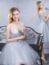 A-line Quinceanera Court Dresses Grey Scoop Tulle Sleeveless Knee Length Lace Up
