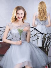 Scoop Beading Bridesmaid Dresses Grey Lace Up Sleeveless Knee Length
