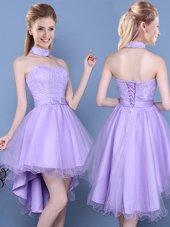 High Low Lace Up Wedding Party Dress Lavender and In for Prom and Party with Lace and Bowknot