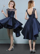 Cap Sleeves High Low Appliques Lace Up Bridesmaid Gown with Navy Blue