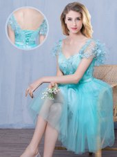 Knee Length Aqua Blue Dama Dress for Quinceanera Sweetheart Short Sleeves Lace Up
