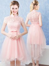 Baby Pink Short Sleeves Lace and Belt High Low Damas Dress