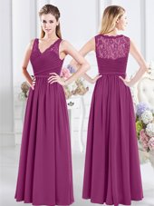 On Sale Sleeveless Chiffon Floor Length Side Zipper Quinceanera Court Dresses in Fuchsia for with Lace and Ruching