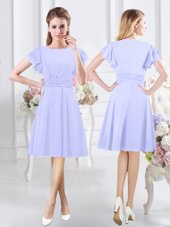 Adorable Scoop Short Sleeves Knee Length Side Zipper Wedding Party Dress Lavender and In for Prom and Party and Wedding Party with Ruching
