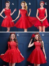 Graceful Red Lace Up Scoop Lace and Appliques Bridesmaids Dress Tulle and Lace Sleeveless
