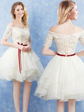 Custom Fit A-line Quinceanera Court Dresses Champagne Off The Shoulder Organza Short Sleeves Mini Length Lace Up