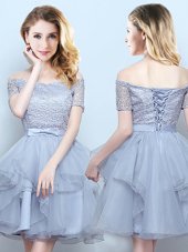 Glittering Off the Shoulder Mini Length Grey Bridesmaid Dresses Organza Short Sleeves Lace and Ruffles and Belt