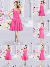 Sumptuous Lace and Ruching and Belt Bridesmaids Dress Hot Pink Zipper Sleeveless Knee Length