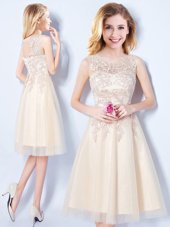 Champagne Scoop Neckline Appliques Vestidos de Damas Sleeveless Lace Up