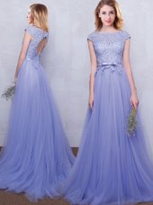 Spectacular With Train Lavender Bridesmaid Dresses Scoop Cap Sleeves Brush Train Backless