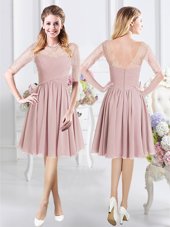 Smart Scoop Chiffon Half Sleeves Knee Length Wedding Guest Dresses and Lace and Ruching