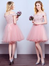 Stunning Pink Off The Shoulder Lace Up Beading and Lace Wedding Party Dress Sleeveless