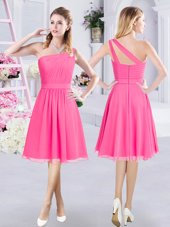 Spectacular One Shoulder Sleeveless Chiffon Knee Length Zipper Wedding Guest Dresses in Hot Pink for with Ruching