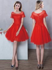 Shining Scoop Short Sleeves Lace Up Wedding Guest Dresses Red Tulle