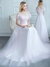 Scoop Short Sleeves Tulle Quinceanera Court of Honor Dress Lace and Belt Sweep Train Lace Up