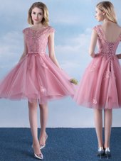 Scoop Pink Tulle Lace Up Dama Dress Cap Sleeves Knee Length Appliques and Belt
