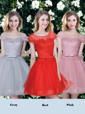 A-line Quinceanera Court Dresses Red and Pink and Grey Scoop Tulle Short Sleeves Mini Length Lace Up