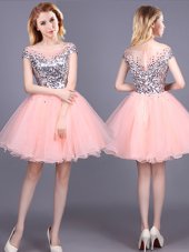 Cheap Short Sleeves Mini Length Zipper Bridesmaids Dress Pink and In for Prom and Party and Wedding Party with Sequins