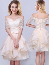 Smart Off the Shoulder Mini Length Champagne Wedding Party Dress Organza Short Sleeves Lace and Ruffles and Belt