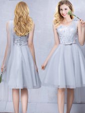 Exceptional Tulle One Shoulder Sleeveless Lace Up Lace and Appliques and Belt Wedding Party Dress in Grey