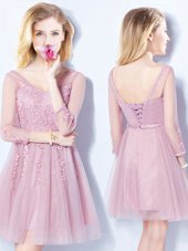 Classical Mini Length Pink Dama Dress for Quinceanera V-neck Sleeveless Lace Up
