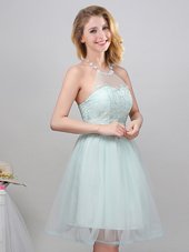 High End A-line Bridesmaid Gown Apple Green Halter Top Tulle Sleeveless Mini Length Lace Up