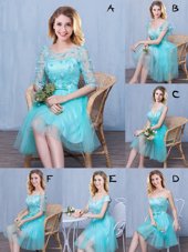 Scoop Aqua Blue Sleeveless Knee Length Lace and Appliques and Bowknot Lace Up Court Dresses for Sweet 16
