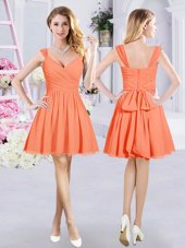 Flare Orange A-line Straps Sleeveless Chiffon Mini Length Zipper Ruching and Belt Bridesmaid Gown